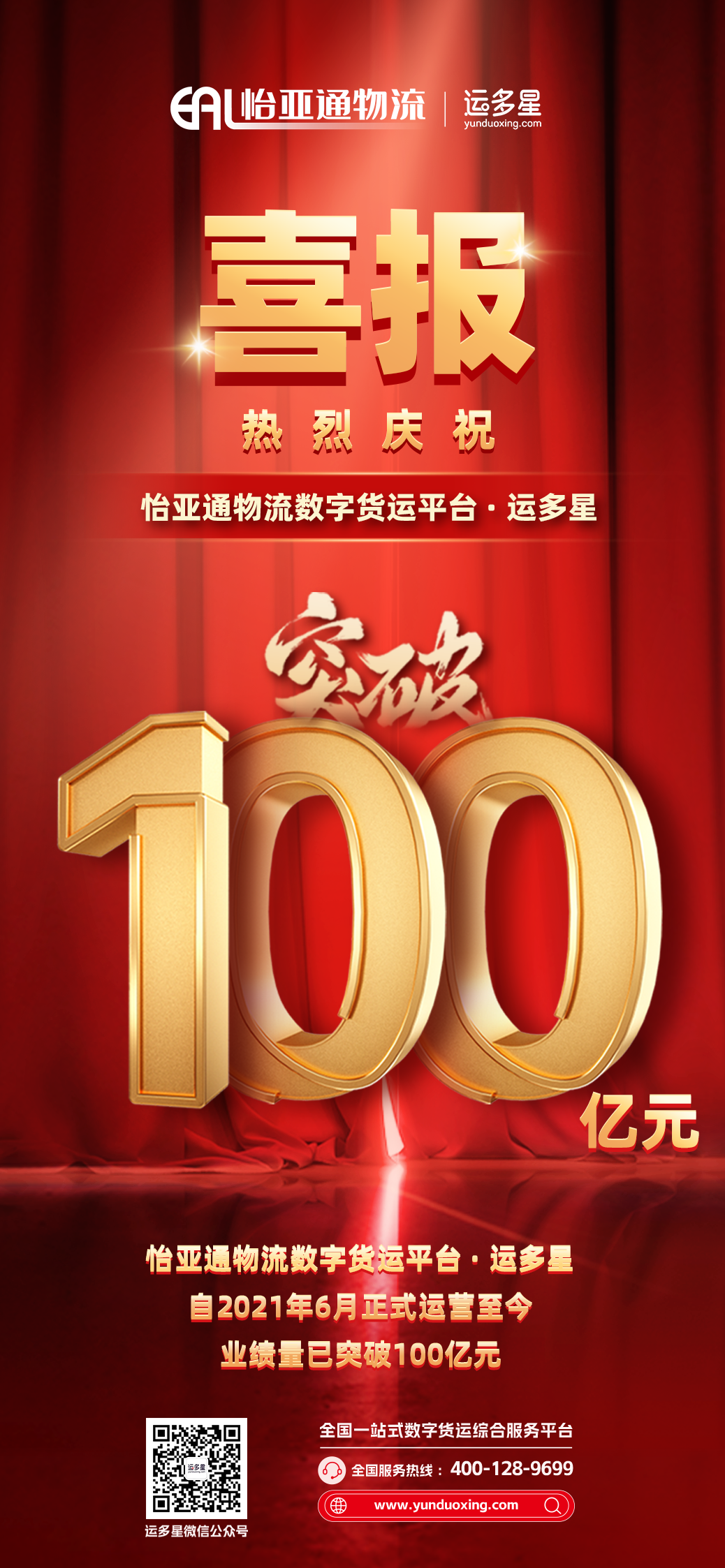 热烈庆祝 | AG尊龙凯时物流数字货运平台·运多星累计业绩量突破100亿元